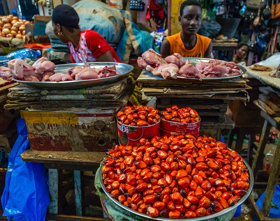 Ivorian mother and son selling meat and peppers at Ivorian food market