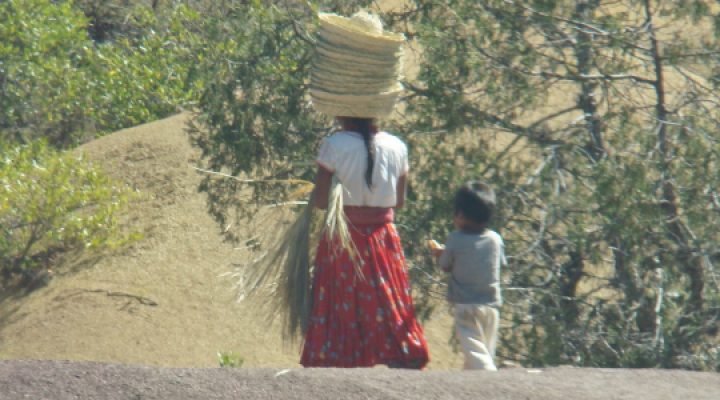 Mexican girl walks with a stack of sombreros on her head with little boy to her right